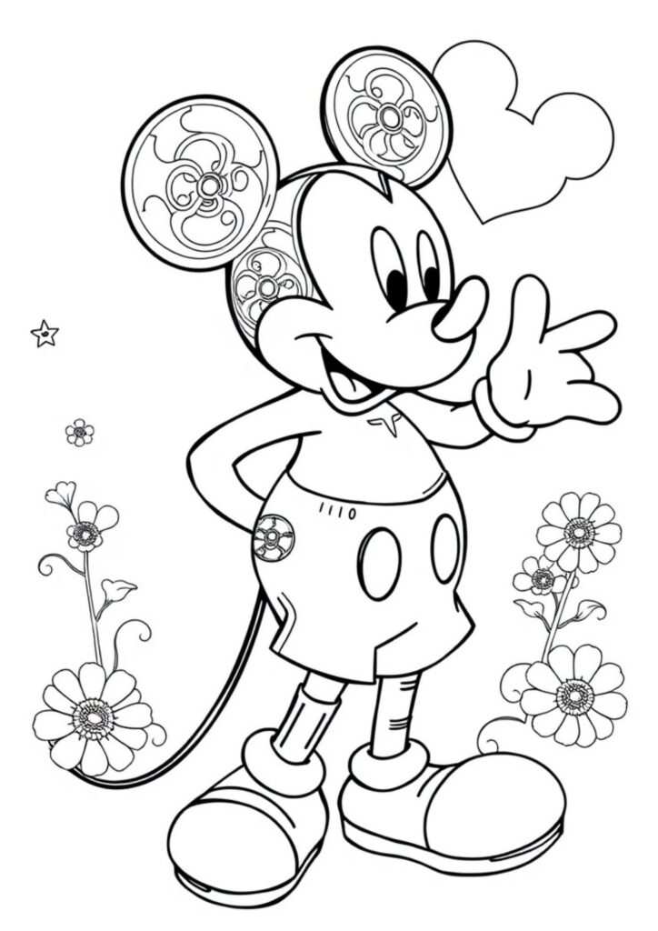 Disney coloring page for kids with Mickey Mouse and background full of flowers