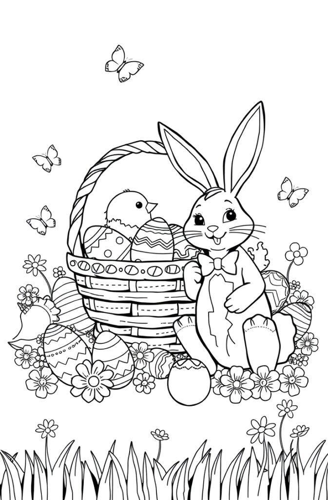 Cute Easter bunny with a basket of eggs coloring page