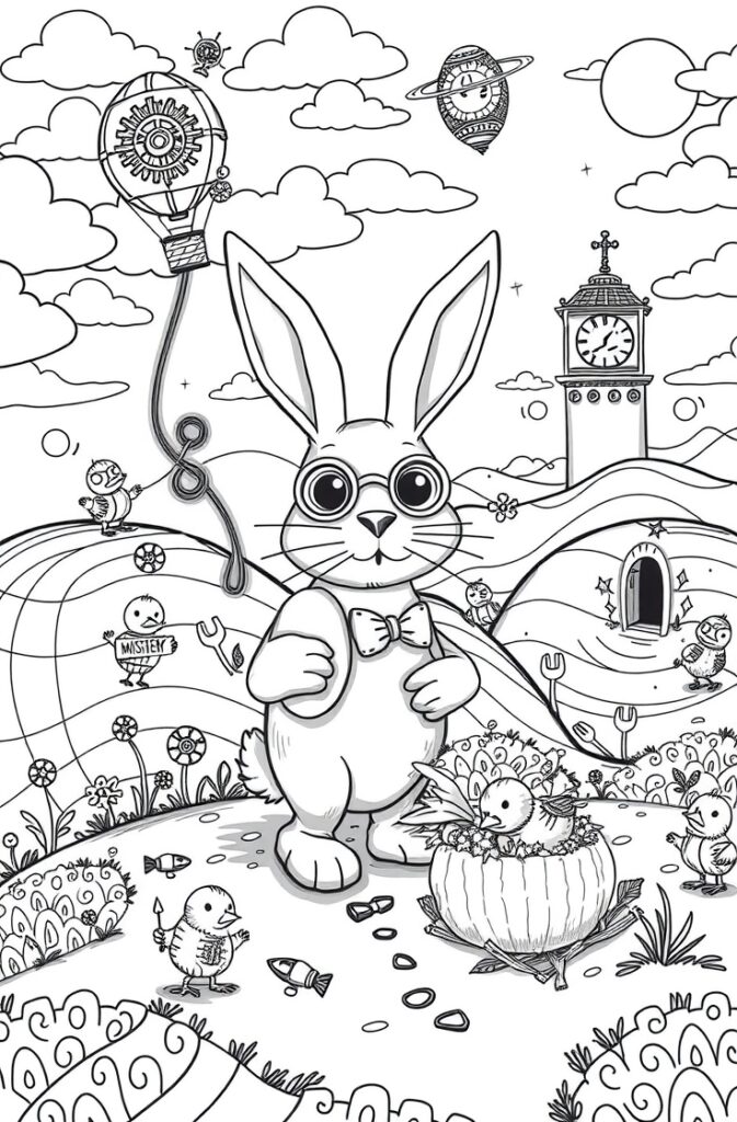 Easter bunny painting eggs coloring page