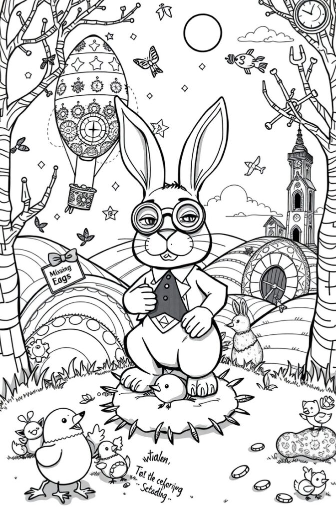 Easter bunny in garden with eggs coloring page