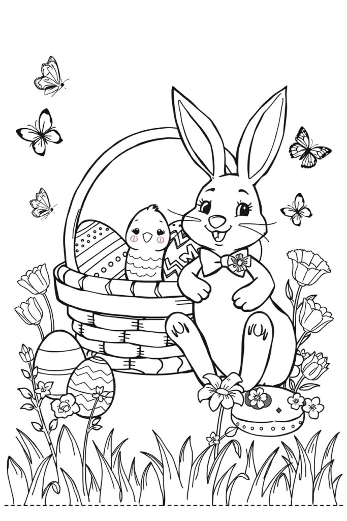 Easter eggs in a basket with tulips and ribbons