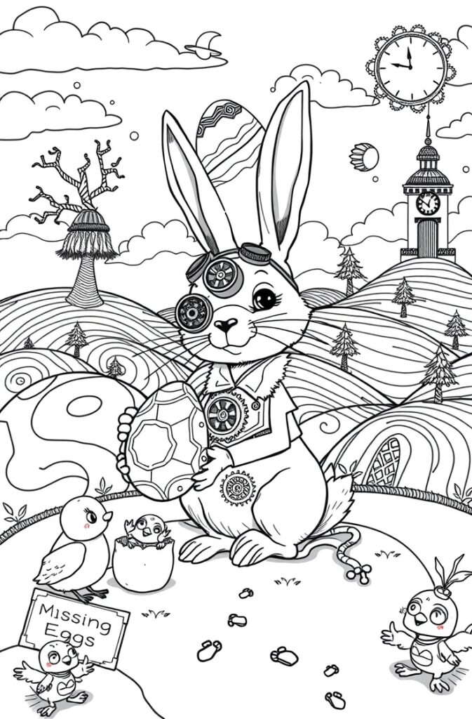 Easter bunny and chick with eggs coloring page