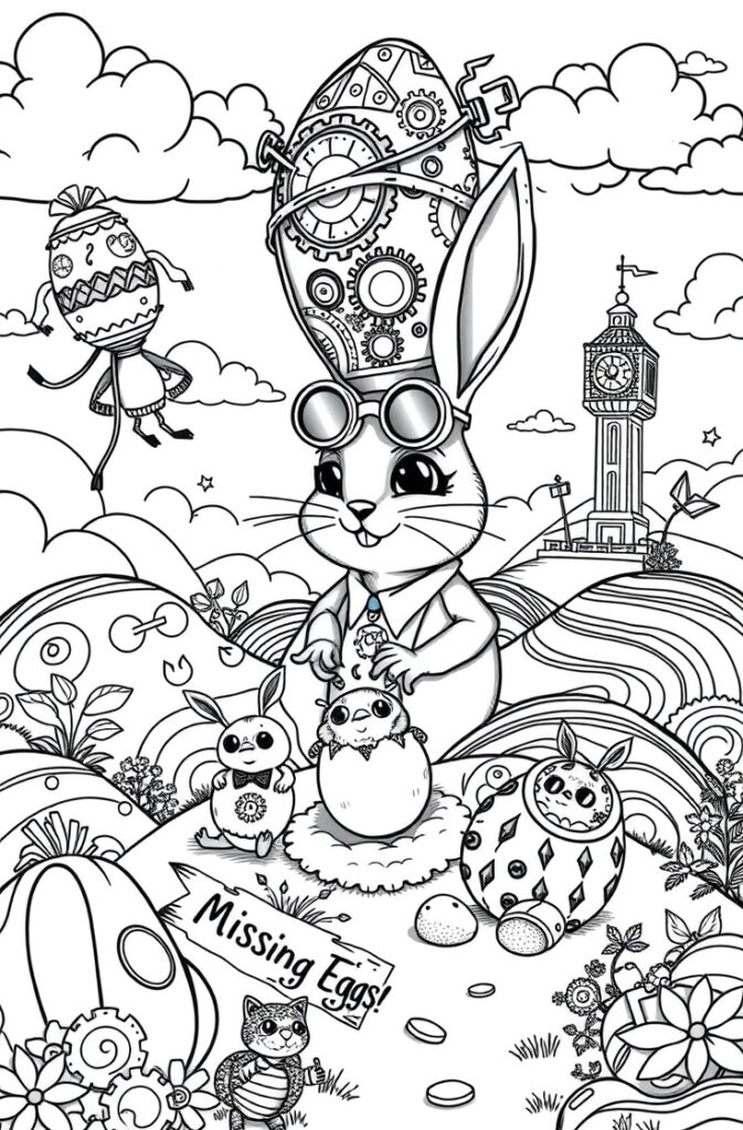 Easter bunny in garden with eggs and flowers coloring sheet