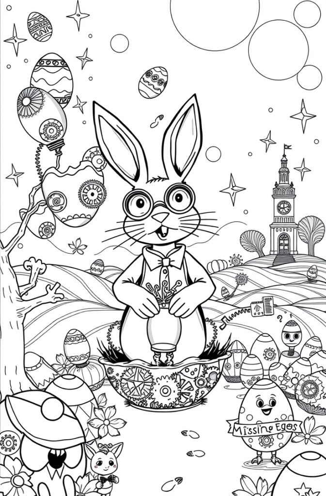 Bunny holding carrot with Easter eggs coloring pages