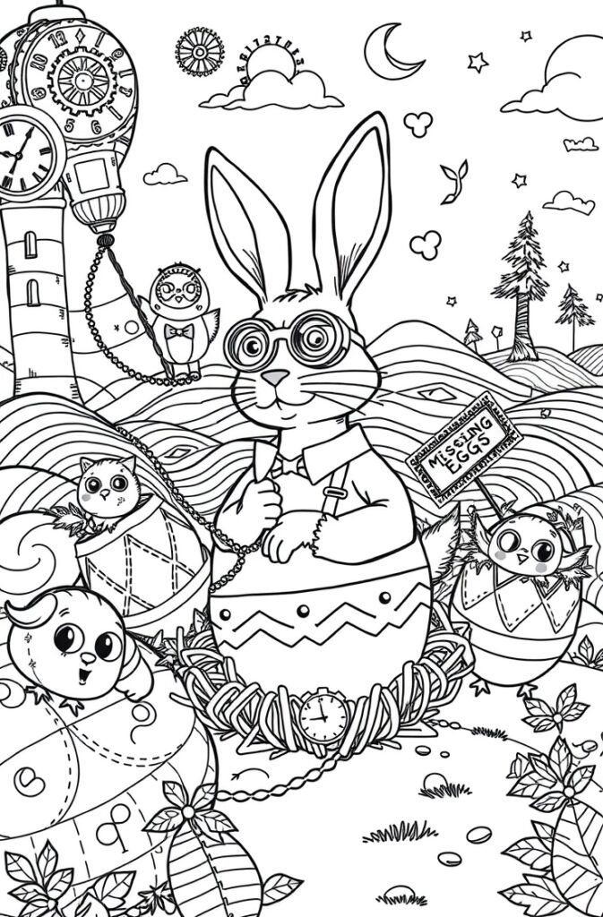 Bunny holding carrot with Easter eggs coloring page