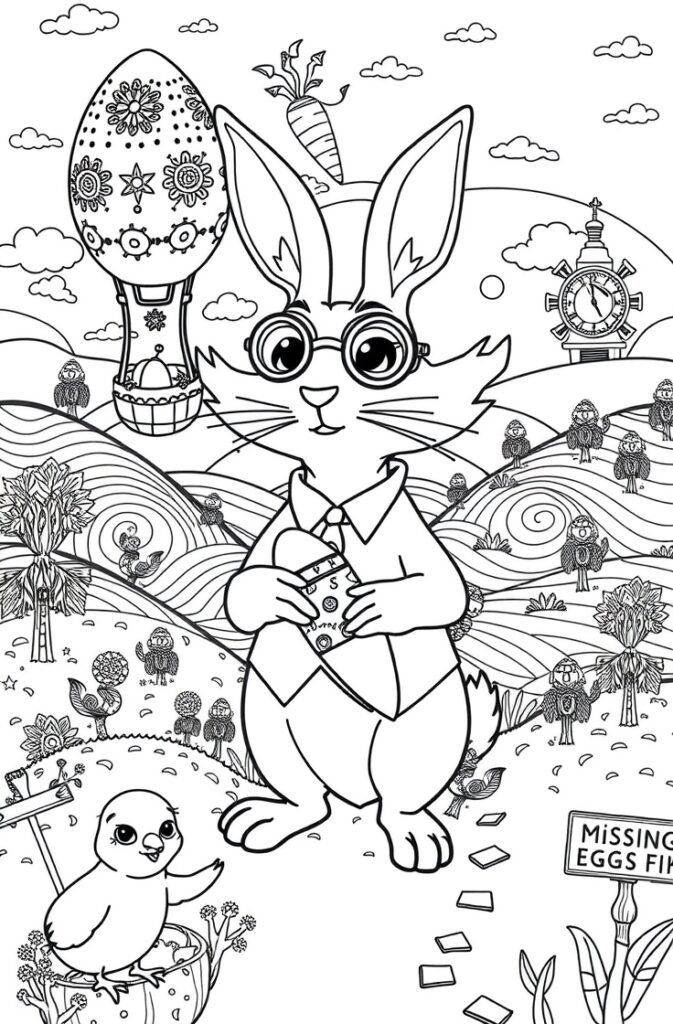 Smiling baby chick with Easter egg coloring page