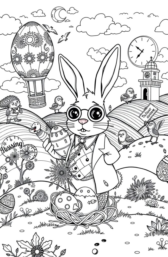 Bunny collecting eggs in a basket coloring sheet