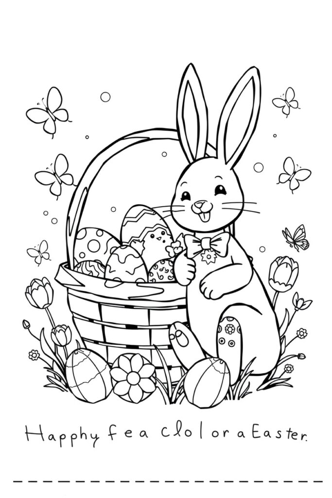 Happy Easter text with decorated eggs and floral designs