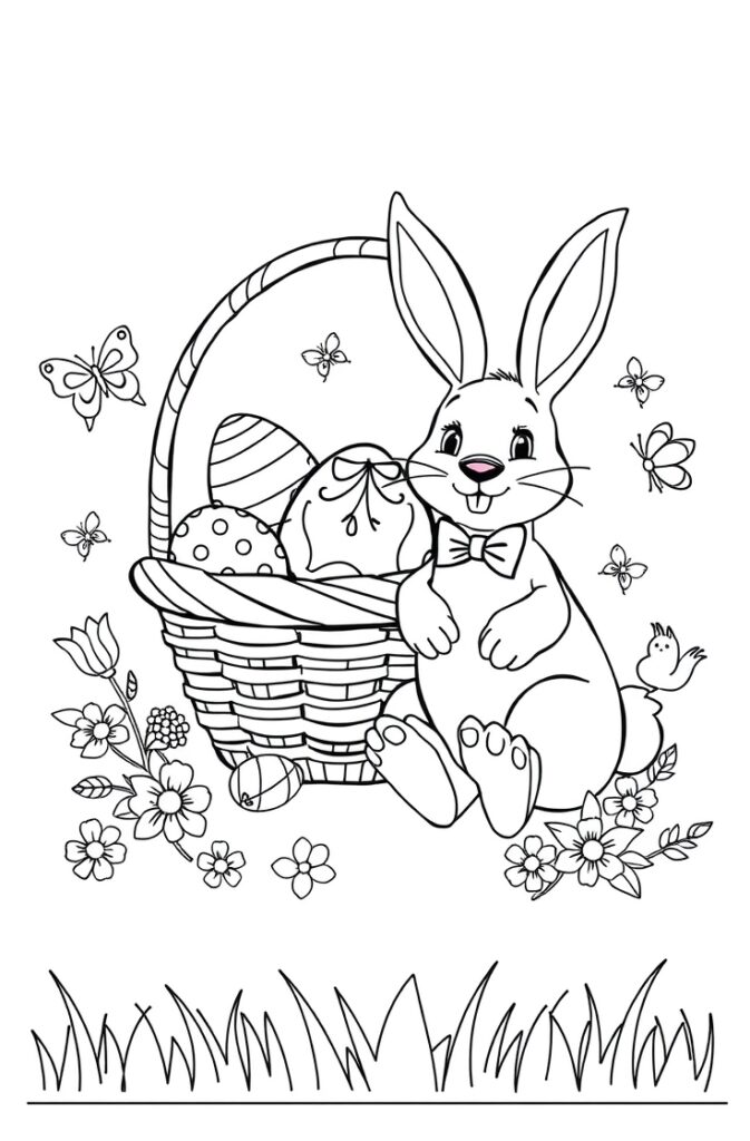 Easter bunny hiding eggs in garden with butterflies