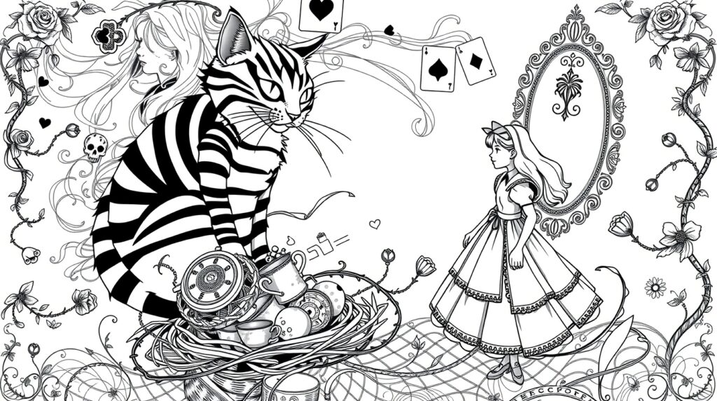 Flux_Schnell_Design_a_blackandwhite_outlined_coloring_page_for_0 "Mad Hatter in a decorative hat surrounded by playing cards, roses, and fantasy elements - Alice in Wonderland adult Coloring Pages illustration"