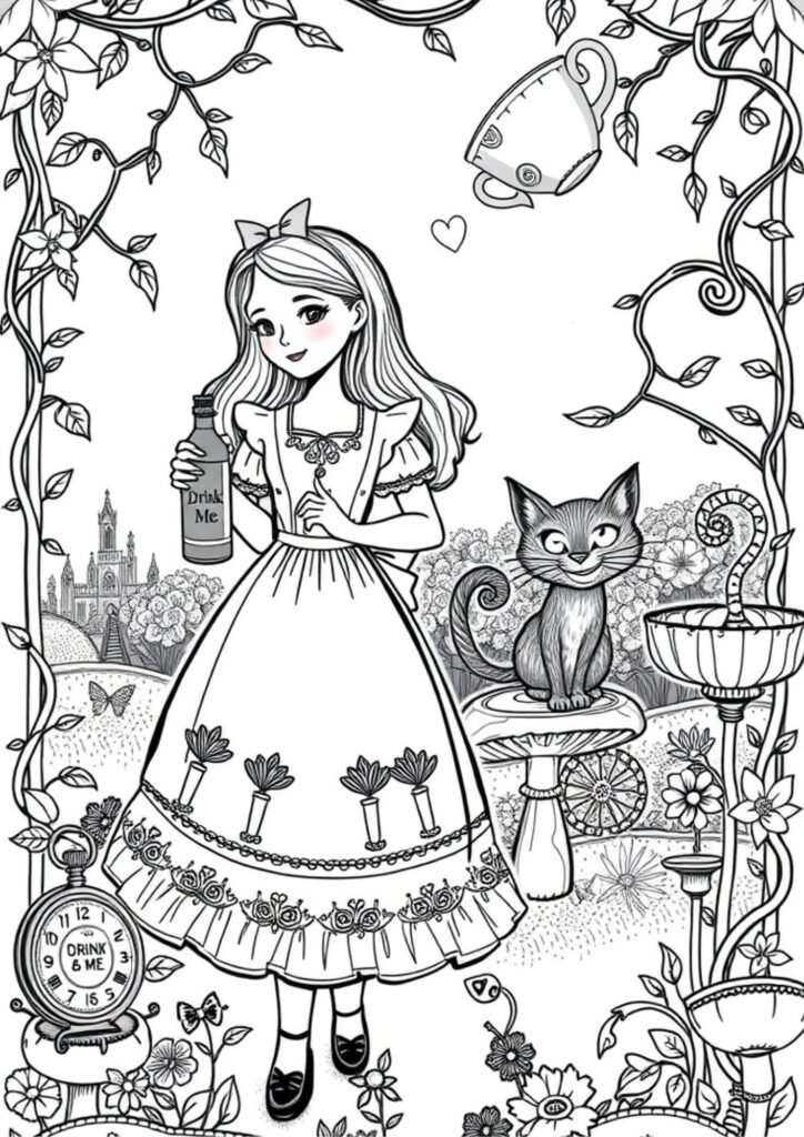 Intricate Alice in Wonderland coloring page featuring Alice falling down the rabbit hole, surrounded by whimsical patterns and fantasy elements.