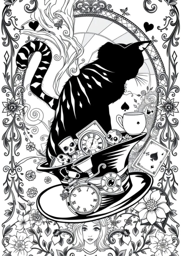 Detailed coloring page of black and white cat from Alice in Wonderland sitting on a pocket watch, surrounded by vintage floral and various designs.