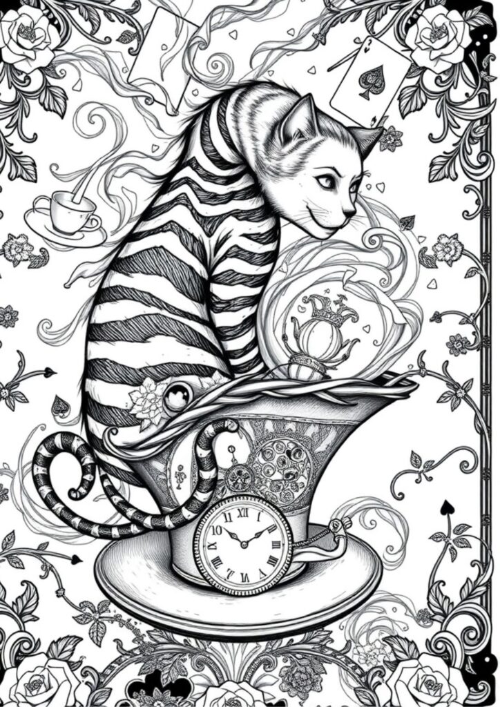 ntricate adult coloring pages of Alice holding a teacup surrounded by whimsical patterns