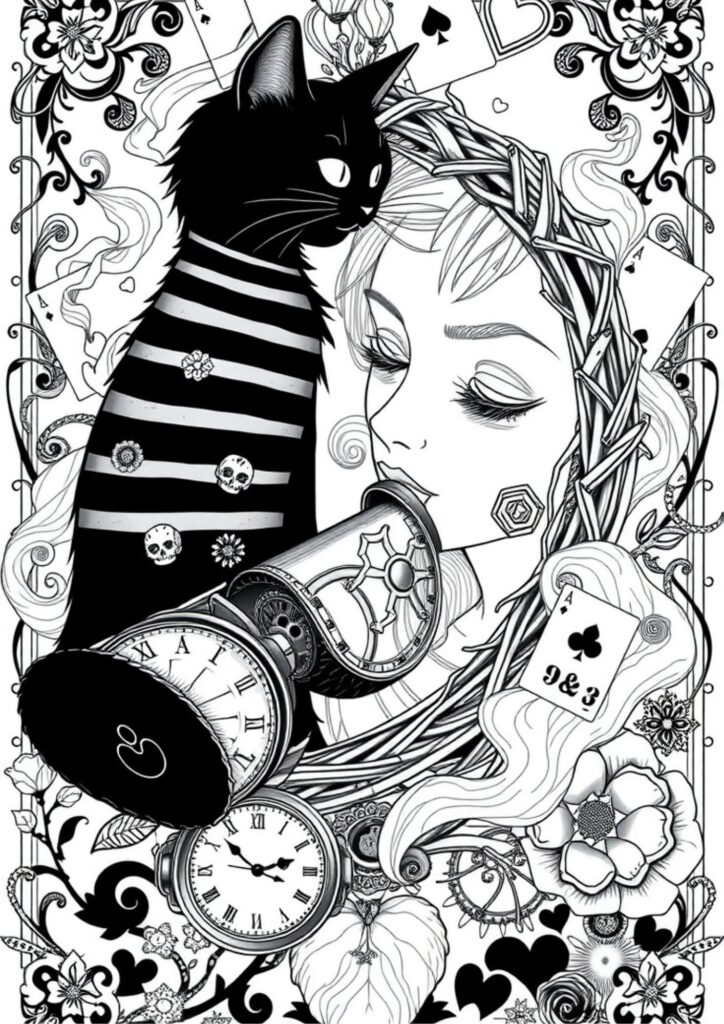 This beautifully detailed coloring page features Alice during a tea party, perfect for adult colorists who enjoy fantasy themes and elaborate line work inspired by Lewis Carroll's classic.