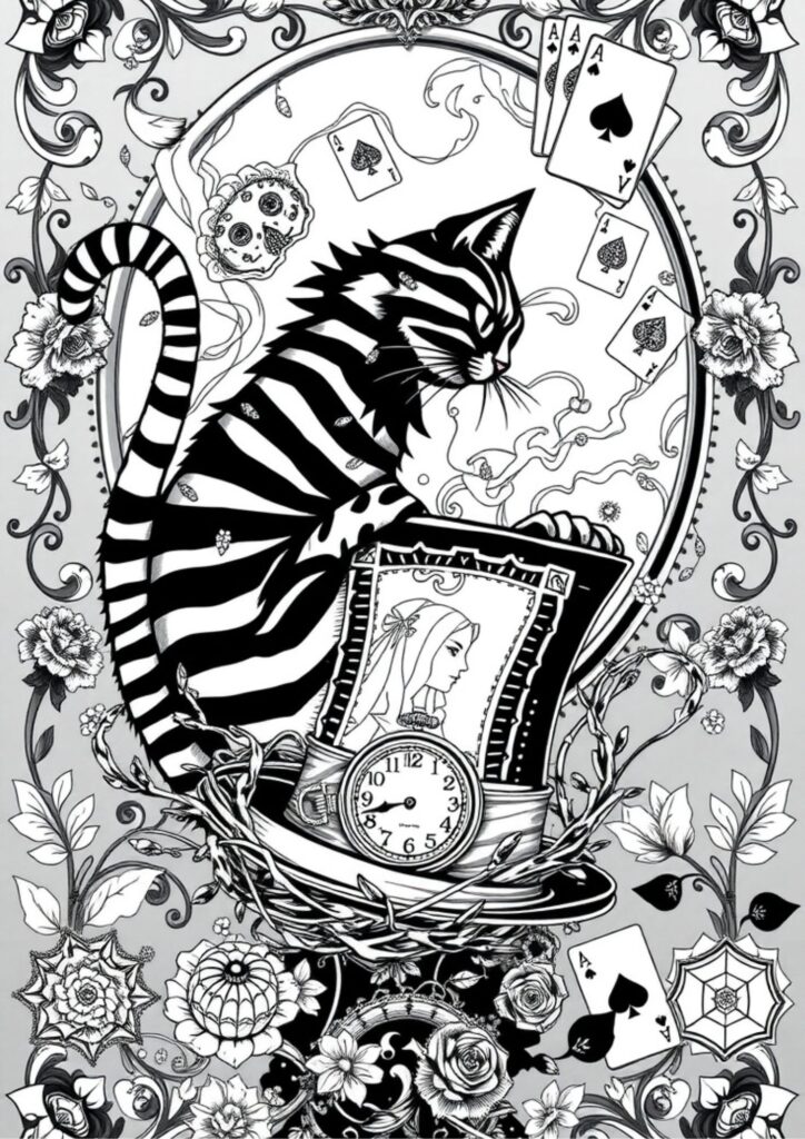 Mad Hatter pouring tea in an elaborate tea party setting full of patterns