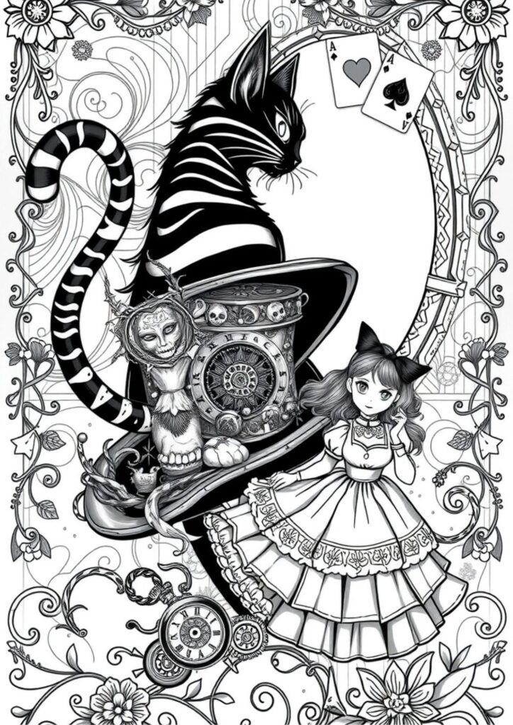 Detailed coloring page of the White Rabbit from Alice in Wonderland holding a pocket watch, surrounded by vintage floral designs.