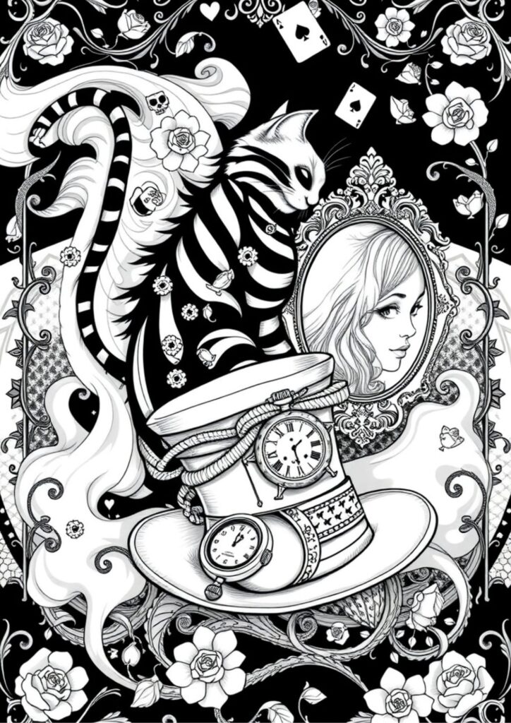 Alice falling down the rabbit hole surrounded by clocks, books, and keys