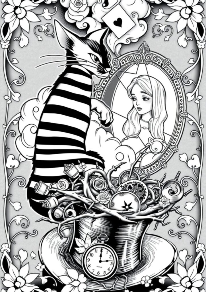 “The Mad Hatter at the tea party, surrounded by teacups and chaos”