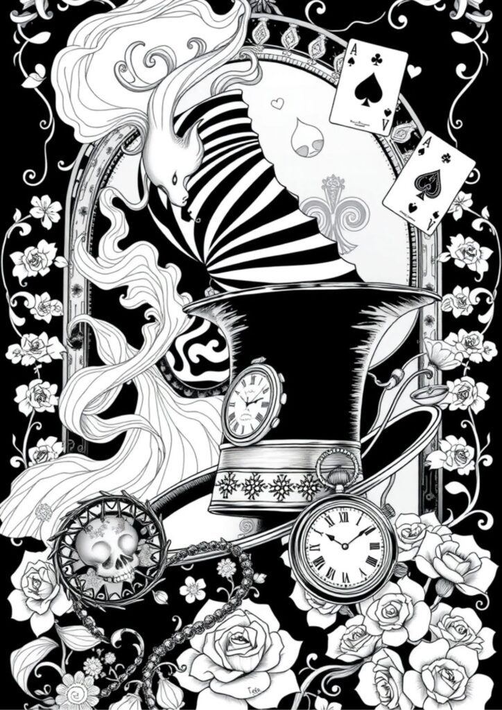 “Alice surrounded by playing cards in mid-air”