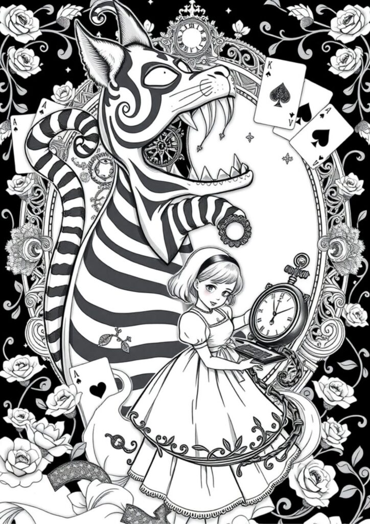 “The Cheshire Cat grinning atop a tree branch”
