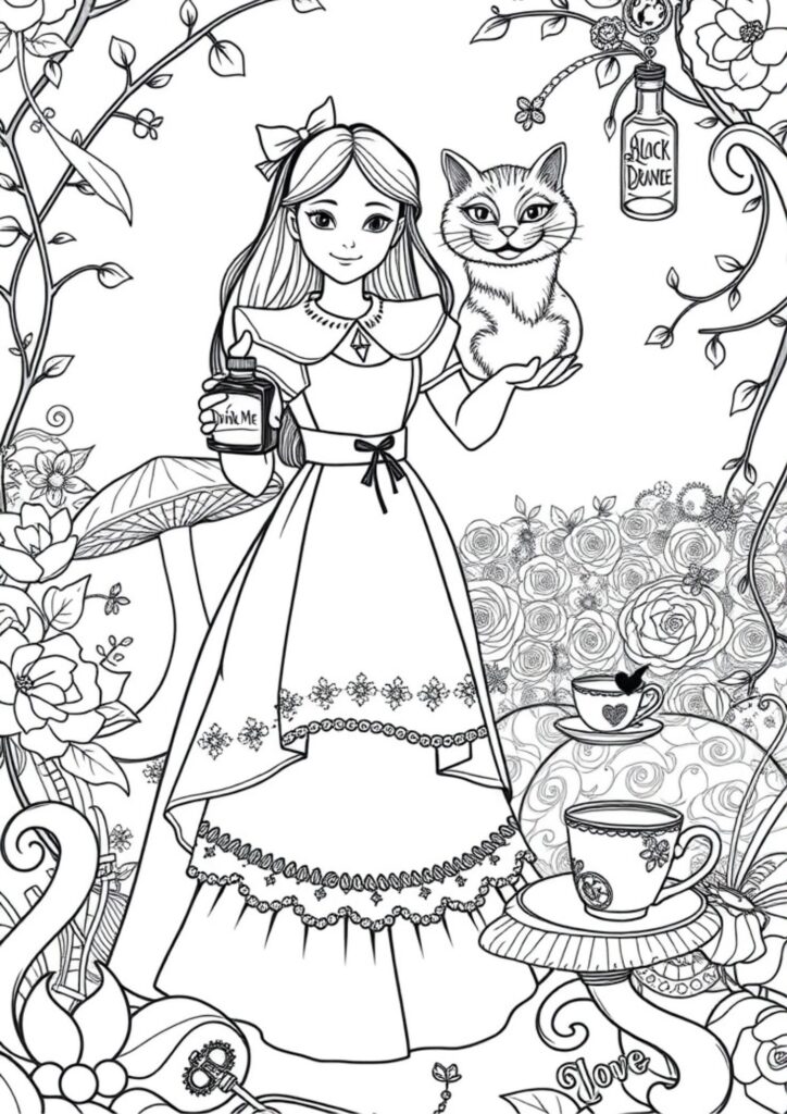 Adult coloring illustration of the Mad Hatter’s tea party scene with teapots, cups, and surreal characters in a whimsical Wonderland setting.
