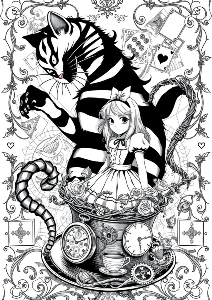Alice falling down the rabbit hole with floating objects all around her.