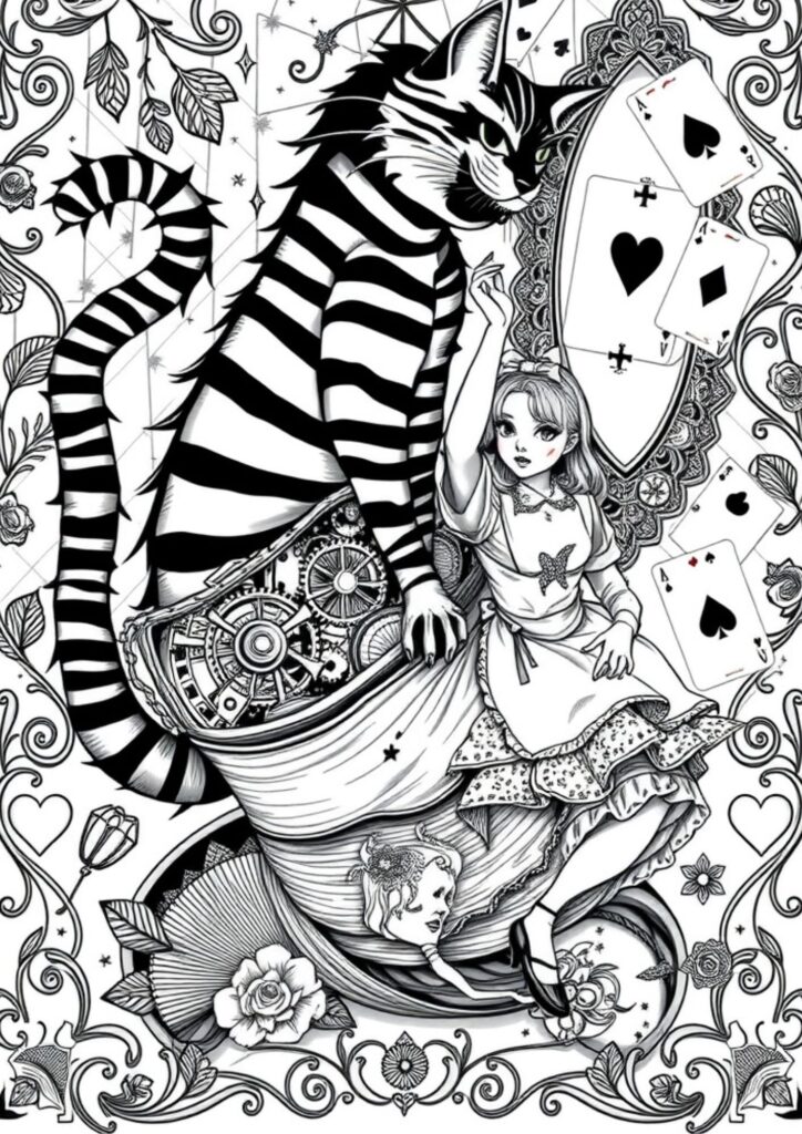 The Cheshire Cat grinning from a tree branch in a moonlit forest.