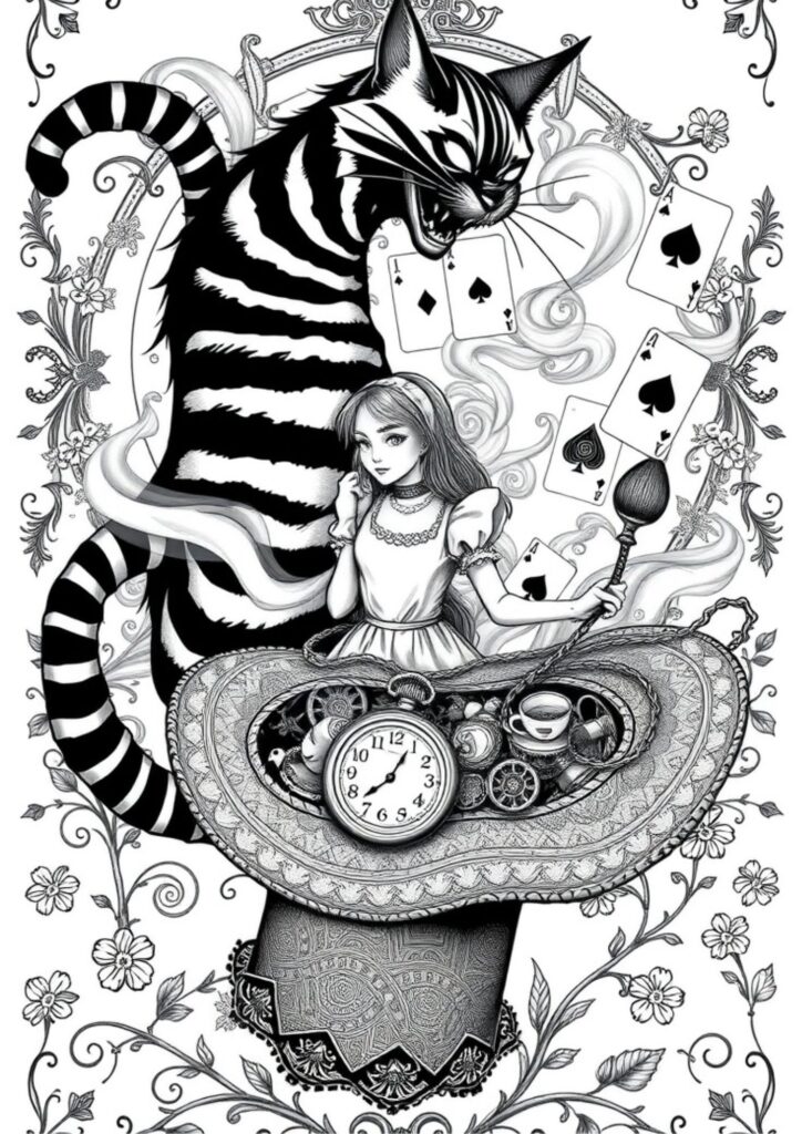 The White Rabbit rushing with his pocket watch amid swirling patterns.