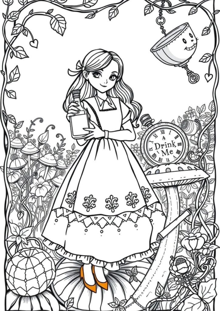 Elegant black and white coloring page of the Queen of Hearts with a royal frame, roses, and playing card motifs in an Alice in Wonderland adult Coloring Pages.