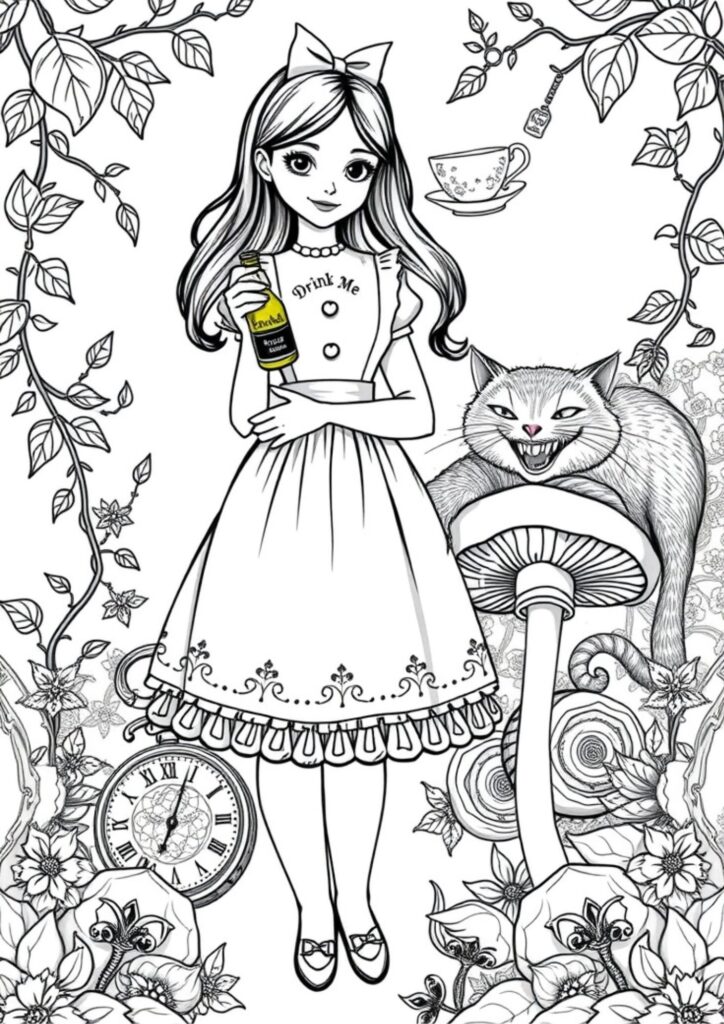 Surreal Alice in Wonderland artwork showing Alice walking through a magical forest with oversized mushrooms and fantasy flora.