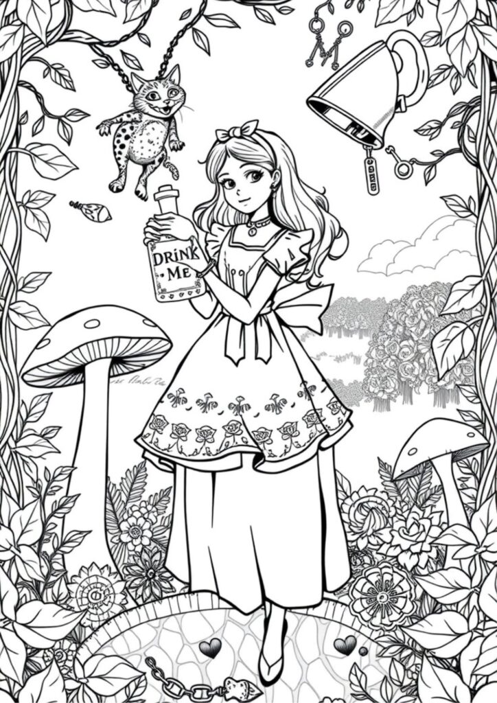 Whimsical Wonderland scene with the Cheshire Cat grinning in a tree, surrounded by swirling designs and forest elements, perfect for adult coloring pages.
