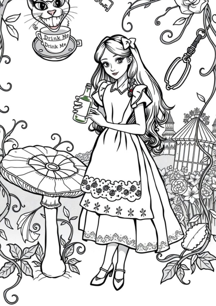 Whimsical Wonderland scene with the Cheshire Cat grinning in a tree, surrounded by swirling designs and forest elements, perfect for adult coloring pages.