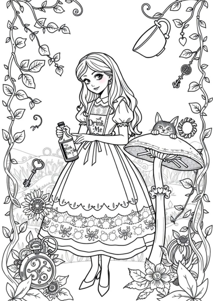 Adult coloring illustration of the Mad Hatter’s tea party scene with teapots, cups, and surreal characters in a whimsical Wonderland setting.