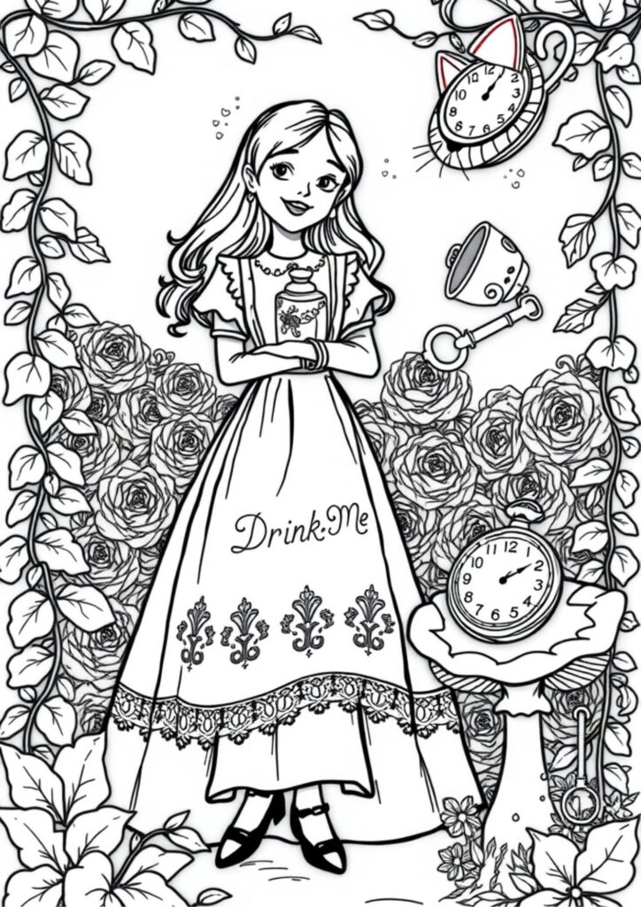Elegant black and white coloring page of the Queen of Hearts with a royal frame, roses, and playing card motifs in an adult coloring style.