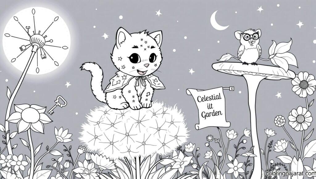 Highlight the kitten and the “Celestial iit Garden” sign, cropping to emphasize the magical theme and contrast of the gray background.