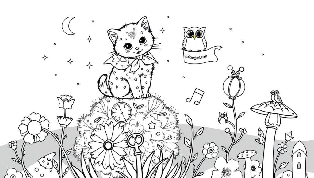Flux Schnell Design a blackandwhite outlined coloring page tit 3 "Adorable kitten wearing a scarf sitting on a floral bush under moonlight with an owl and musical notes in a whimsical garden"