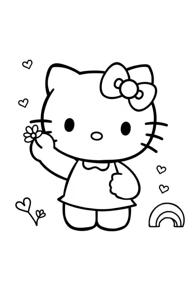 Hello Kitty holding heart-shaped balloons – Sanrio coloring page for kids