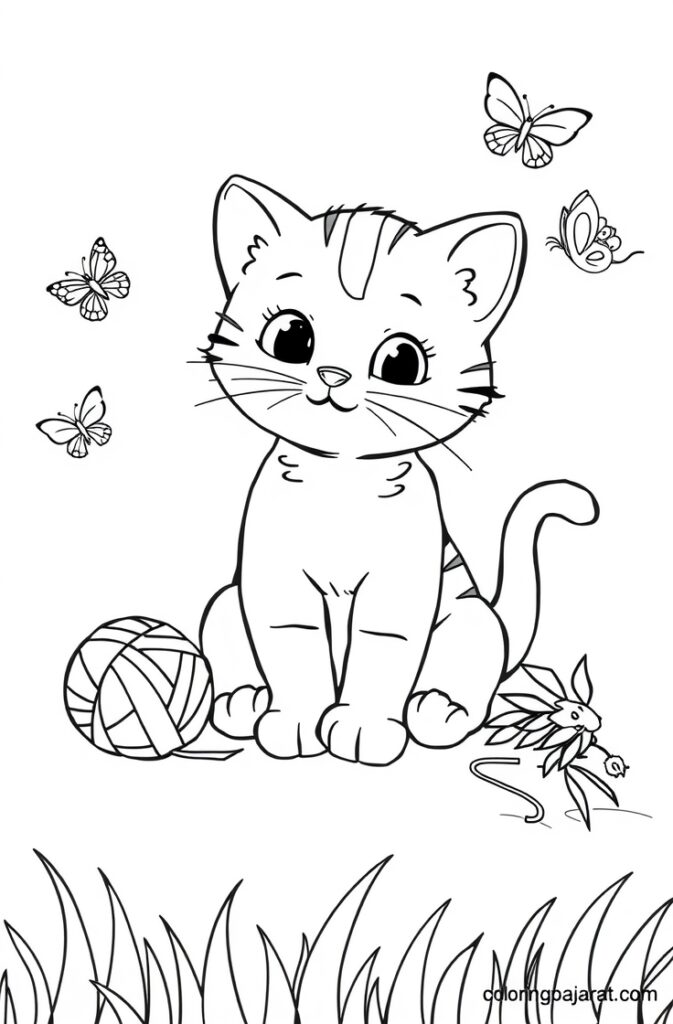 Outline of a playful kitten tangled in yarn for "Cat coloring pages"