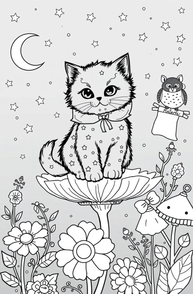 Sleeping kitten curled up in a cozy pose, coloring page.s