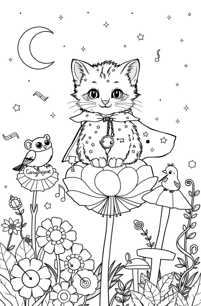Cute kitten wearing a magical cloak sitting on a flower with stars and moon in the background – kitten coloring pages.