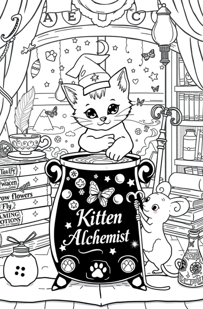 Kitten in wizard hat with a magic cauldron and a cute mouse helper in a fantasy setting