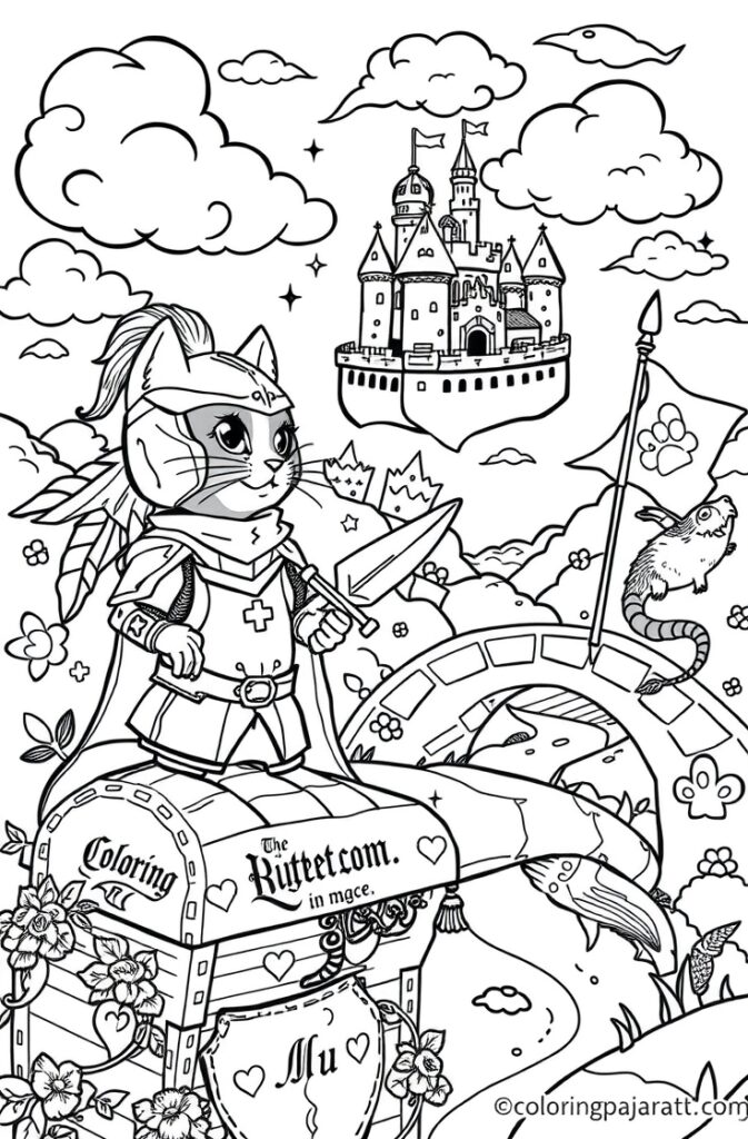 Smiling kitten surrounded by stars and sparkles, line drawing.