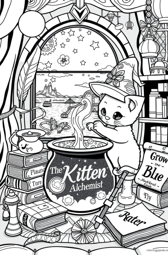 Cartoon kitten holding a heart, designed for Valentine’s or loving themes.
