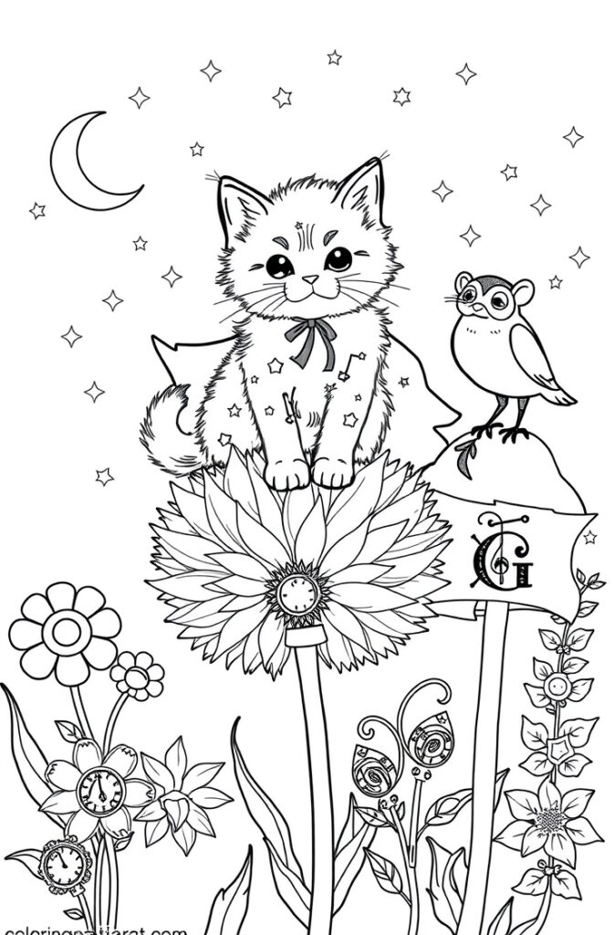 Happy kitten with big eyes and a cute tail, black and white coloring sheet.