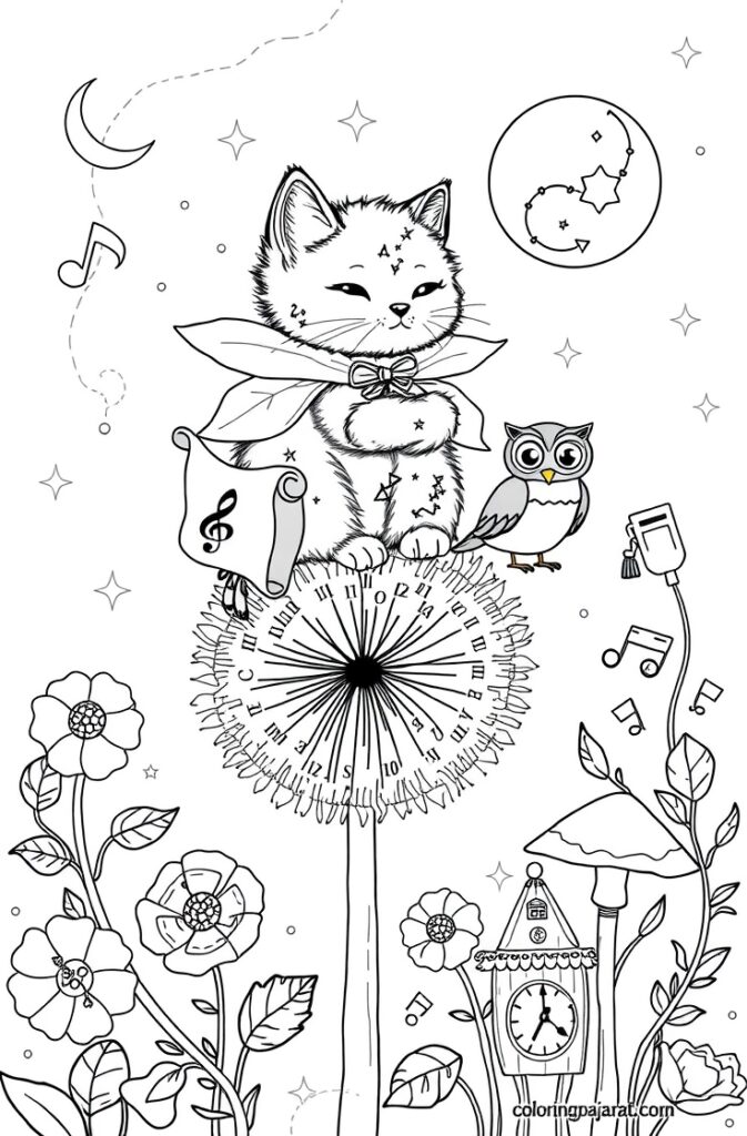 Happy kitten with big eyes and a cute tail, black and white coloring sheet.