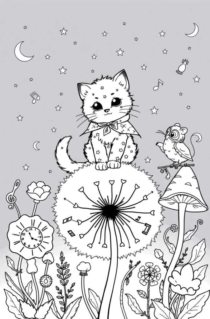 Fantasy kitten sitting on a dandelion under a starry sky with owl and flowers – Cut coloring page.