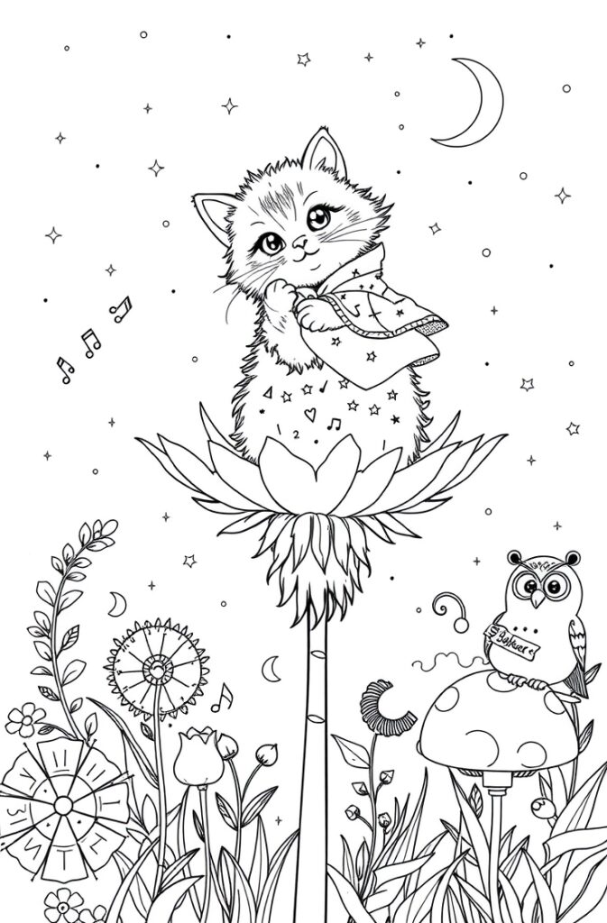 Kitten with a butterfly on its nose, outlined illustration.