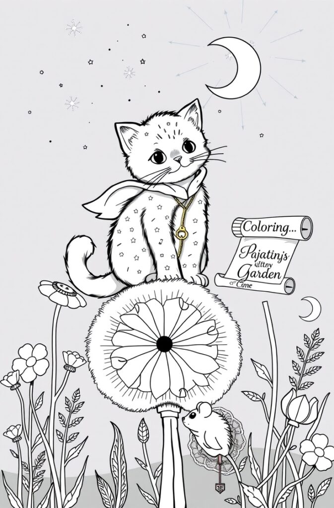 Kitten wearing a star cape sitting on a large flower with night sky and decorative plants – cat coloring pages