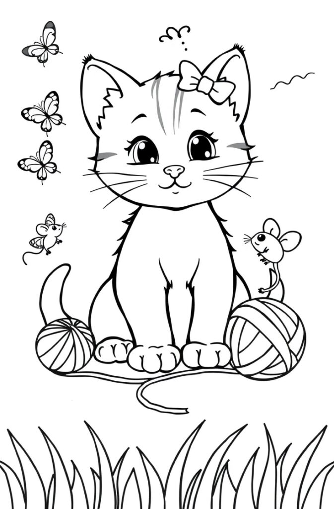 Kitten sleeping peacefully in a woven basket, black-and-white drawing.