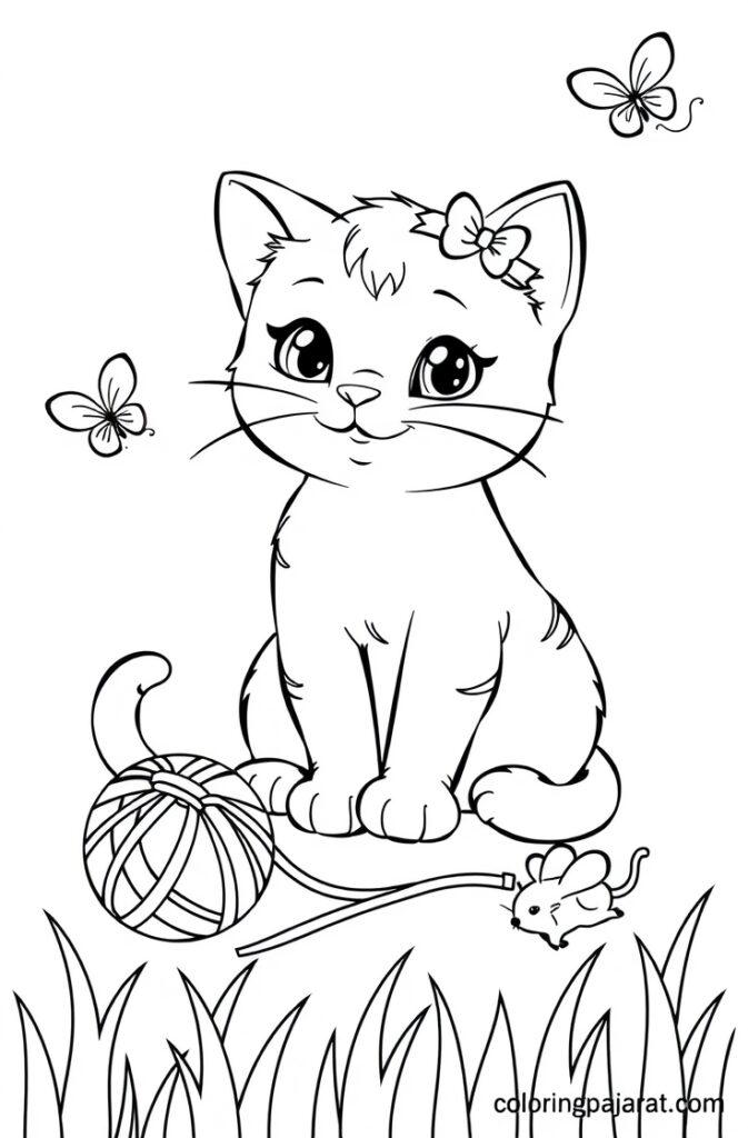 Kitten with a bow sitting near yarn and mouse in a grassy field with butterflies